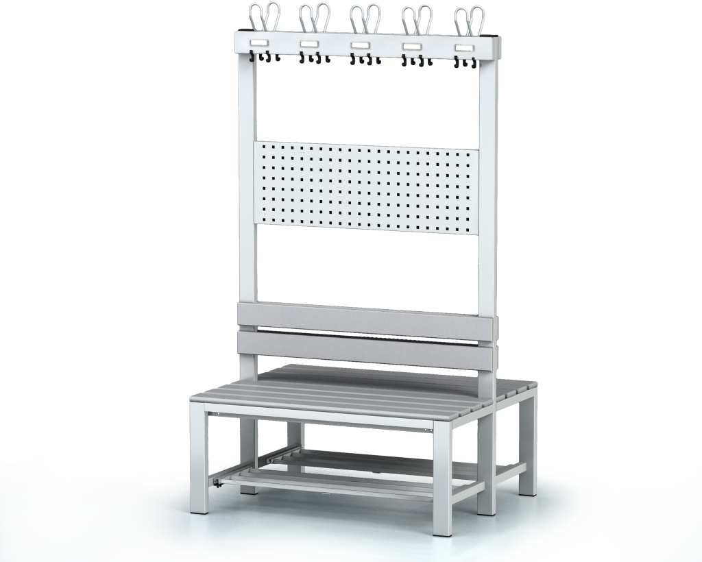 Beiderseitige Bänke mit Lehne und Kleiderhaken, PVC latten - mit kippbarem Rost 1800 x 1000 x 830